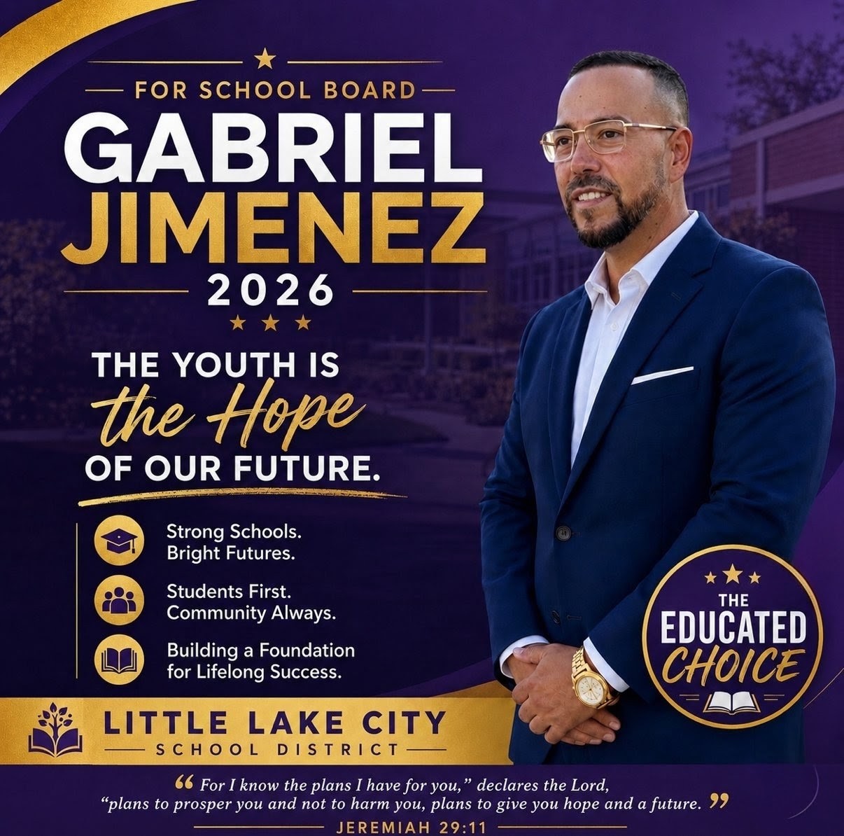 Gabriel Jimenez for School Board 2026 campaign graphic: The youth is the hope of our future